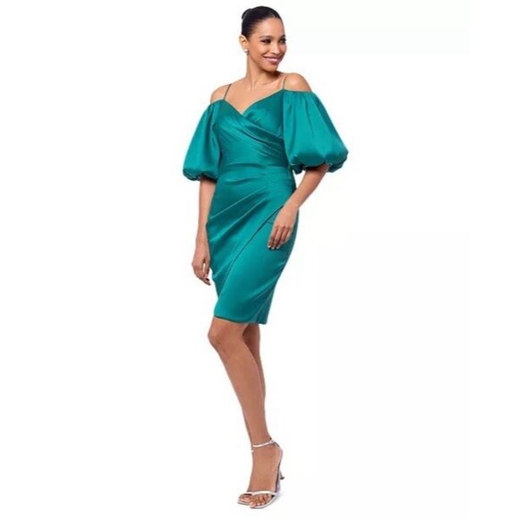 Betsy & Adam Women's Size 4 Green Off Shoulder Balloon Sleeve Cocktail Dress NWT - Picture 3 of 11